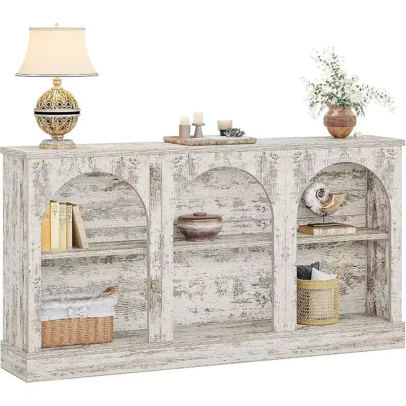 Console de ferme Lantine, table d'entrée de 160 cm de long avec 3 niveaux de rangement, table de canapé en bois pour le salon