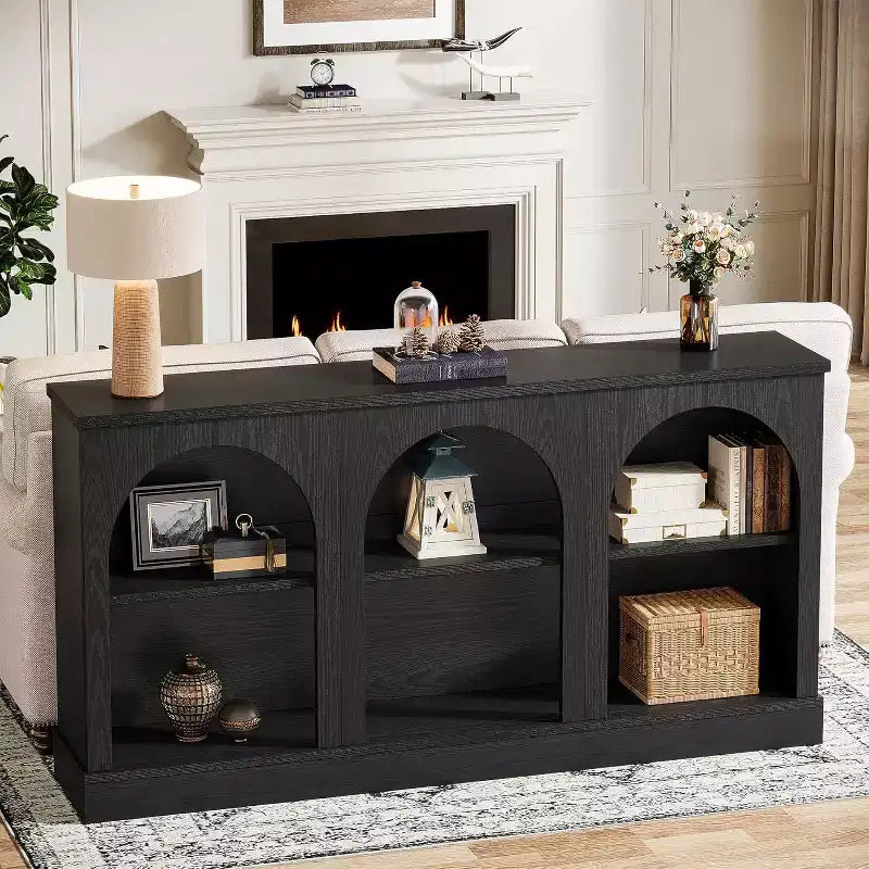 Console de ferme Lantine, table d'entrée de 160 cm de long avec 3 niveaux de rangement, table de canapé en bois pour le salon