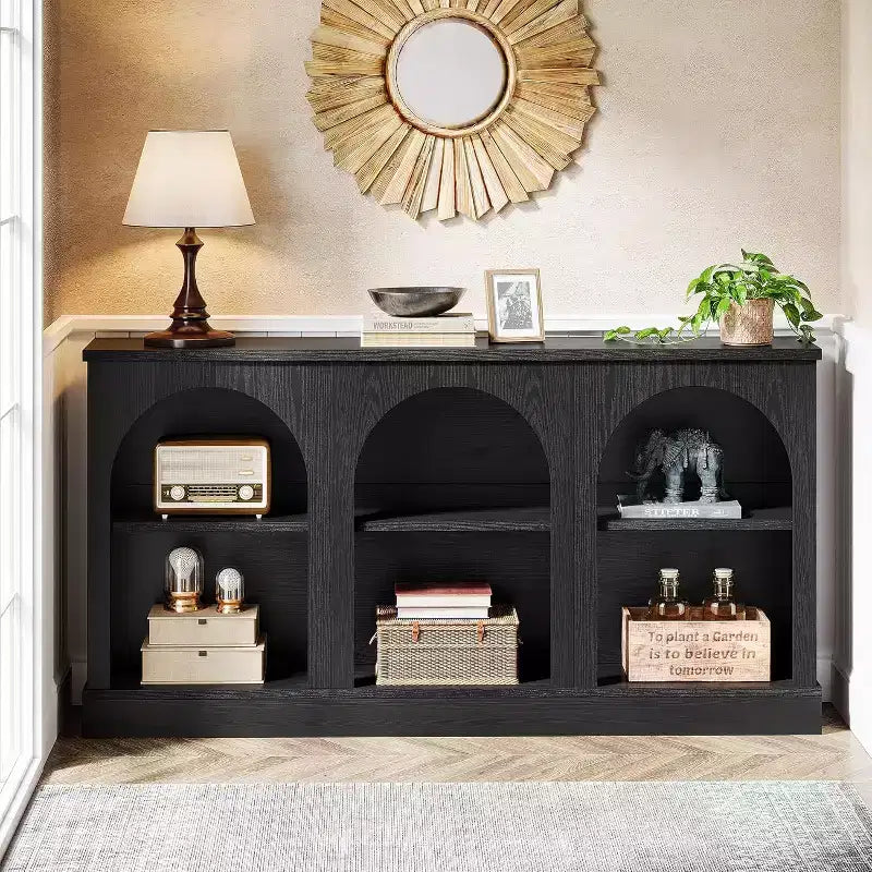 Console de ferme Lantine, table d'entrée de 160 cm de long avec 3 niveaux de rangement, table de canapé en bois pour le salon