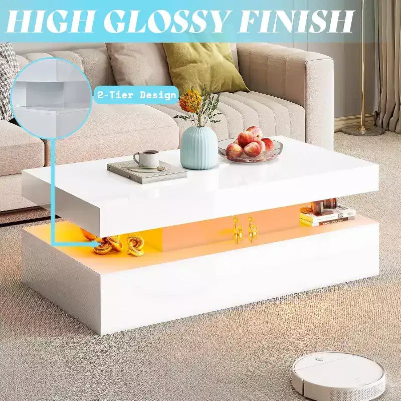 AMERLIFE Ensemble de 3 tables basses modernes laquées brillantes avec éclairage LED et rangement, 2 tables d'appoint avec station de recharge pour salon