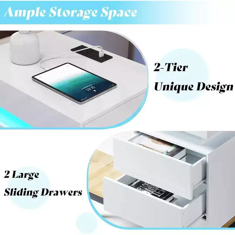 AMERLIFE Ensemble de 3 tables basses modernes laquées brillantes avec éclairage LED et rangement, 2 tables d'appoint avec station de recharge pour salon