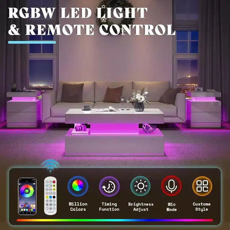 AMERLIFE Ensemble de 3 tables basses modernes laquées brillantes avec éclairage LED et rangement, 2 tables d'appoint avec station de recharge pour salon