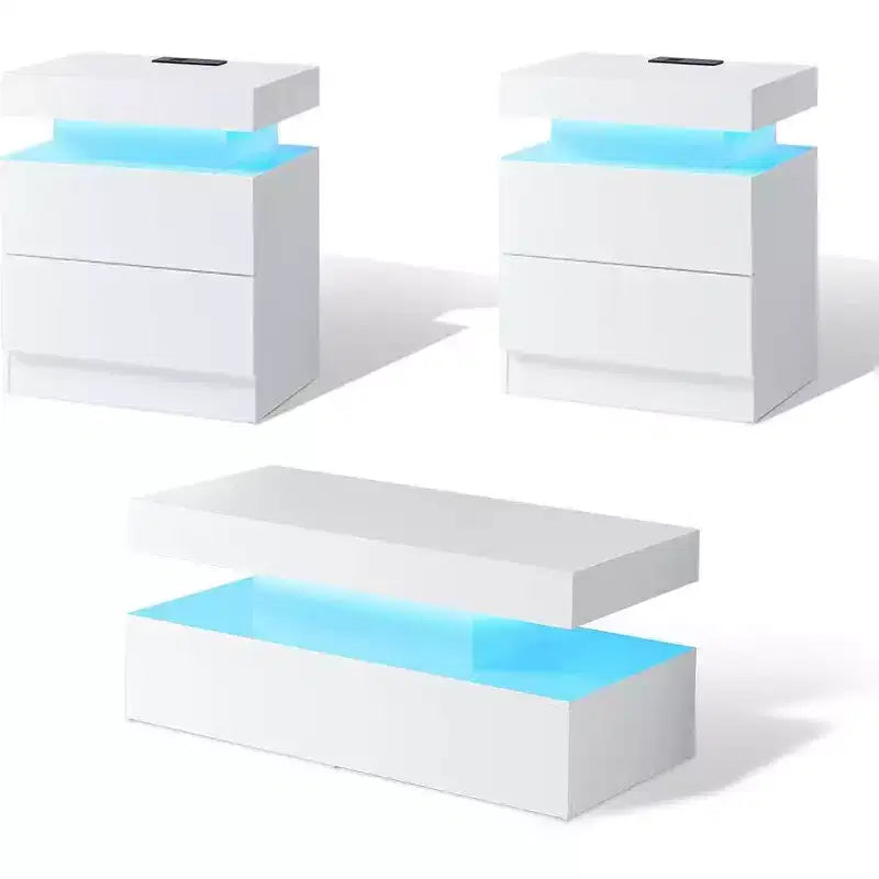 AMERLIFE Ensemble de 3 tables basses modernes laquées brillantes avec éclairage LED et rangement, 2 tables d'appoint avec station de recharge pour salon