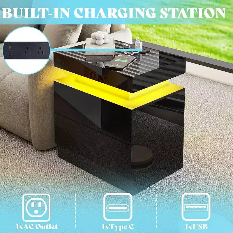 AMERLIFE Ensemble de 3 tables basses modernes laquées brillantes avec éclairage LED et rangement, 2 tables d'appoint avec station de recharge pour salon