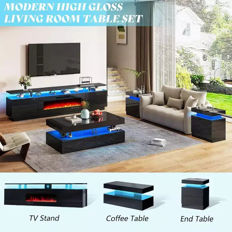 AMERLIFE Ensemble de 3 tables basses modernes laquées brillantes avec éclairage LED et rangement, 2 tables d'appoint avec station de recharge pour salon
