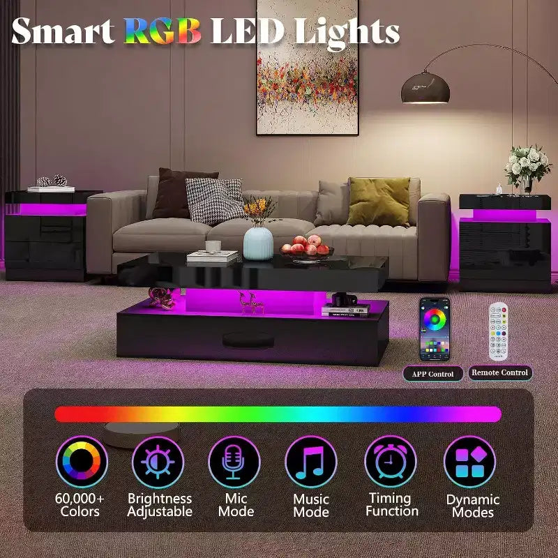 AMERLIFE Ensemble de 3 tables basses modernes laquées brillantes avec éclairage LED et rangement, 2 tables d'appoint avec station de recharge pour salon