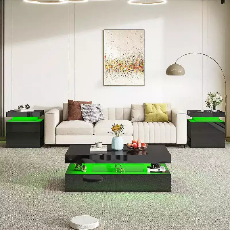 AMERLIFE Ensemble de 3 tables basses modernes laquées brillantes avec éclairage LED et rangement, 2 tables d'appoint avec station de recharge pour salon