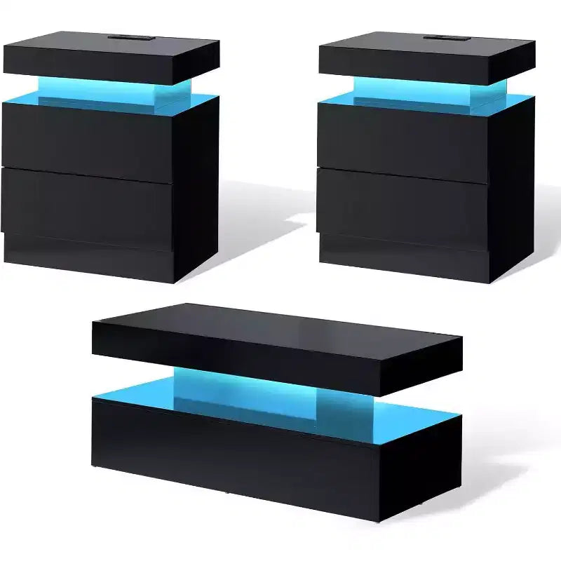 AMERLIFE Ensemble de 3 tables basses modernes laquées brillantes avec éclairage LED et rangement, 2 tables d'appoint avec station de recharge pour salon
