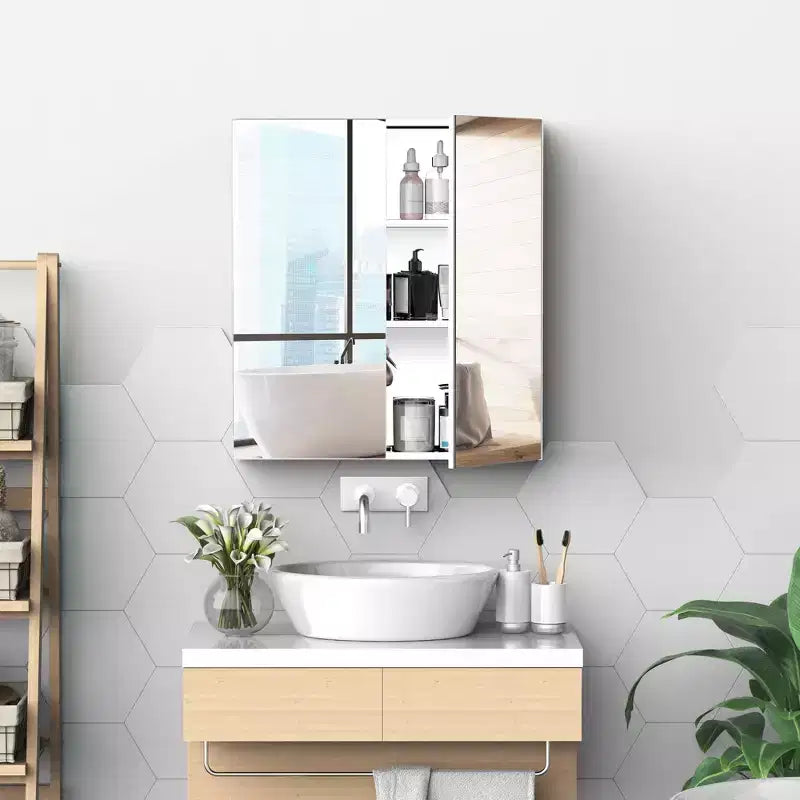 Armoire de toilette avec miroir, 24x26 Armoire à pharmacie avec cadre en acier inoxydable, Organisateur de rangement mural avec portes doubles