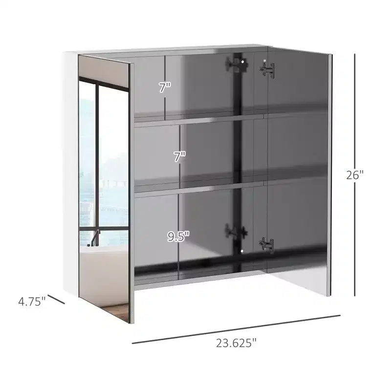 Armoire de toilette avec miroir, 24x26 Armoire à pharmacie avec cadre en acier inoxydable, Organisateur de rangement mural avec portes doubles
