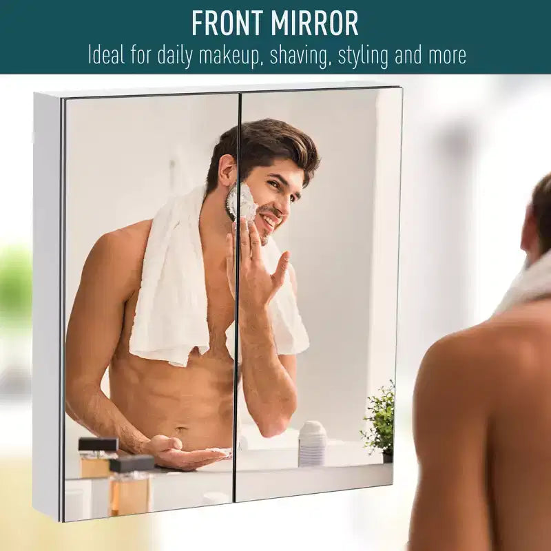 Armoire de toilette avec miroir, 24x26 Armoire à pharmacie avec cadre en acier inoxydable, Organisateur de rangement mural avec portes doubles