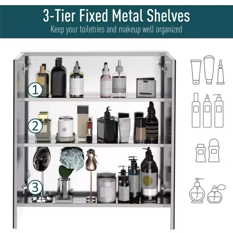 Armoire de toilette avec miroir, 24x26 Armoire à pharmacie avec cadre en acier inoxydable, Organisateur de rangement mural avec portes doubles