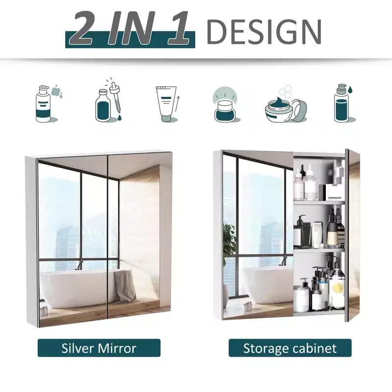 Armoire de toilette avec miroir, 24x26 Armoire à pharmacie avec cadre en acier inoxydable, Organisateur de rangement mural avec portes doubles