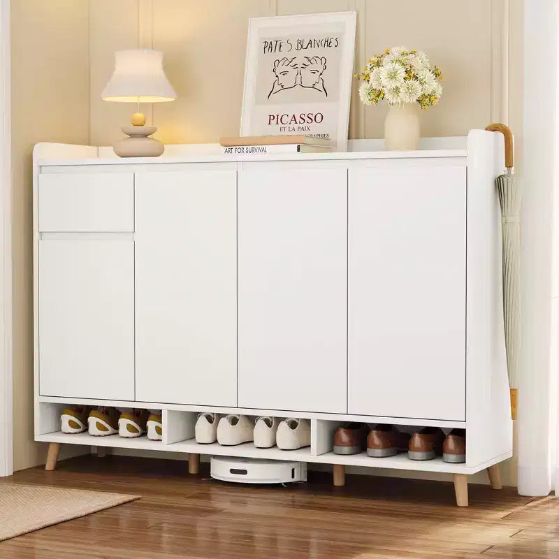 MAYEERTY Meuble à chaussures contemporain épuré avec étagères réglables, buffet de rangement avec pieds en bois massif, blanc