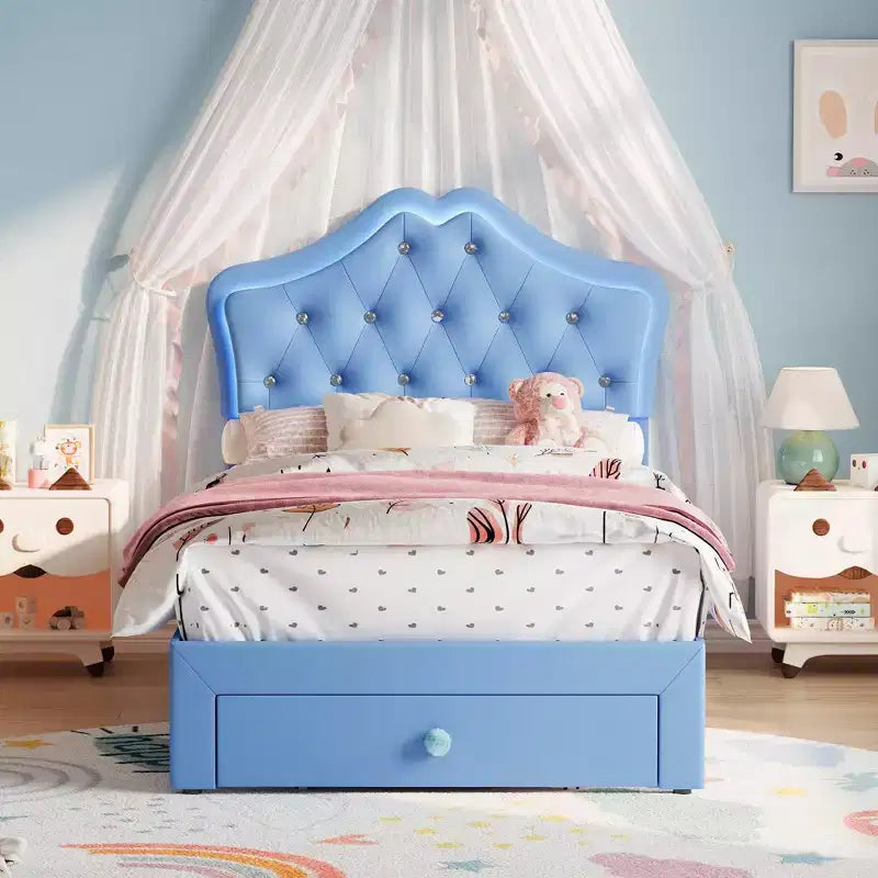 Cadre de lit avec lumières LED et tête de lit en velours avec boutons en cristal, lit rembourré avec tiroir de rangement, sans bruit, pas besoin de sommier tapissier pour enfants, adolescents