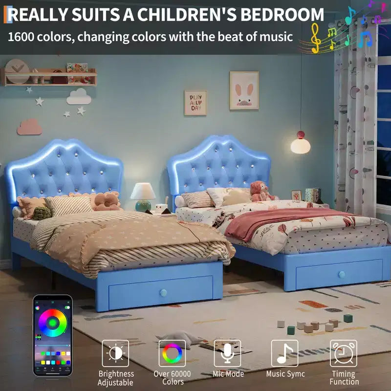 Cadre de lit avec lumières LED et tête de lit en velours avec boutons en cristal, lit rembourré avec tiroir de rangement, sans bruit, pas besoin de sommier tapissier pour enfants, adolescents