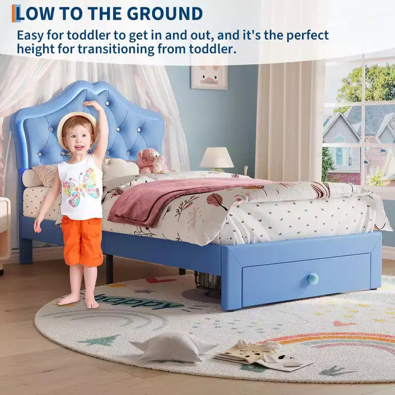 Cadre de lit avec lumières LED et tête de lit en velours avec boutons en cristal, lit rembourré avec tiroir de rangement, sans bruit, pas besoin de sommier tapissier pour enfants, adolescents