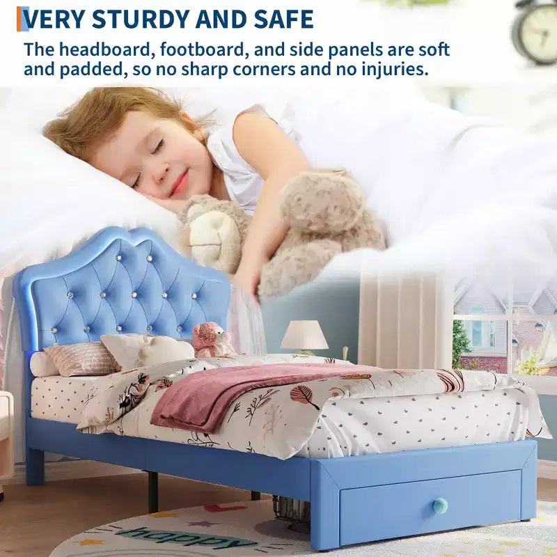 Cadre de lit avec lumières LED et tête de lit en velours avec boutons en cristal, lit rembourré avec tiroir de rangement, sans bruit, pas besoin de sommier tapissier pour enfants, adolescents