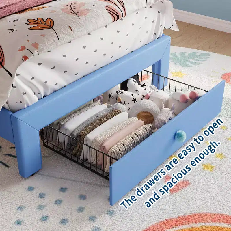 Cadre de lit avec lumières LED et tête de lit en velours avec boutons en cristal, lit rembourré avec tiroir de rangement, sans bruit, pas besoin de sommier tapissier pour enfants, adolescents