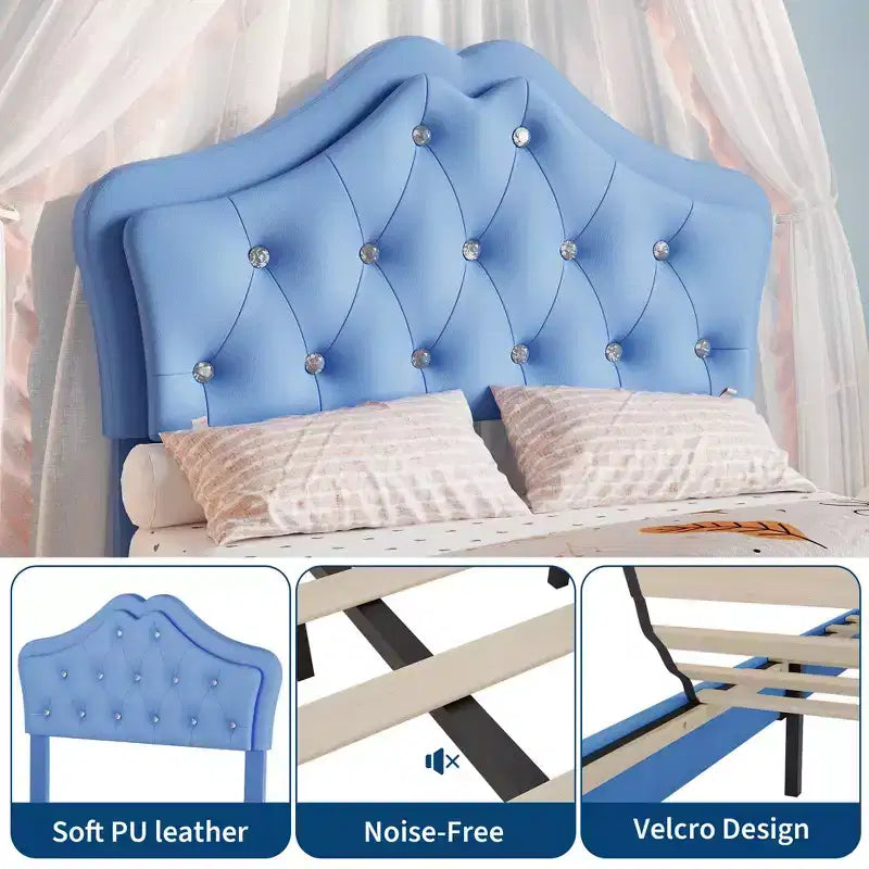 Cadre de lit avec lumières LED et tête de lit en velours avec boutons en cristal, lit rembourré avec tiroir de rangement, sans bruit, pas besoin de sommier tapissier pour enfants, adolescents