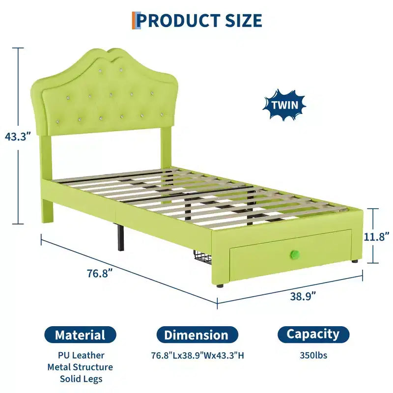 Cadre de lit avec lumières LED et tête de lit en velours avec boutons en cristal, lit rembourré avec tiroir de rangement, sans bruit, pas besoin de sommier tapissier pour enfants, adolescents