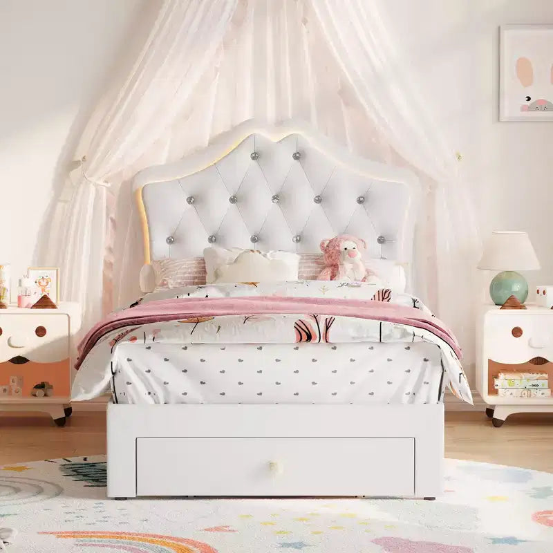 Cadre de lit avec lumières LED et tête de lit en velours avec boutons en cristal, lit rembourré avec tiroir de rangement, sans bruit, pas besoin de sommier tapissier pour enfants, adolescents