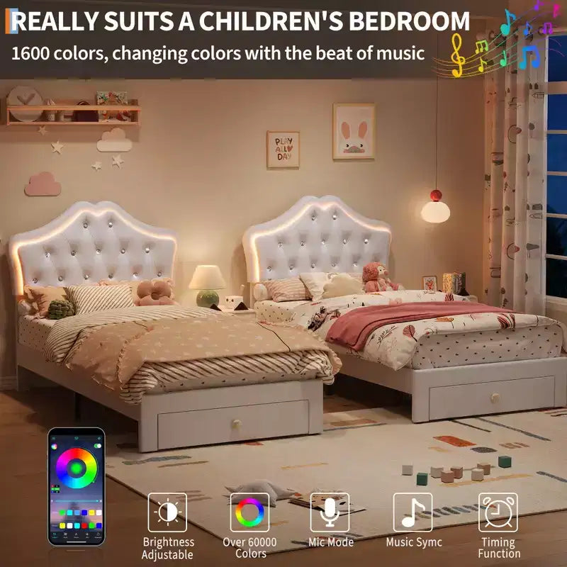 Cadre de lit avec lumières LED et tête de lit en velours avec boutons en cristal, lit rembourré avec tiroir de rangement, sans bruit, pas besoin de sommier tapissier pour enfants, adolescents