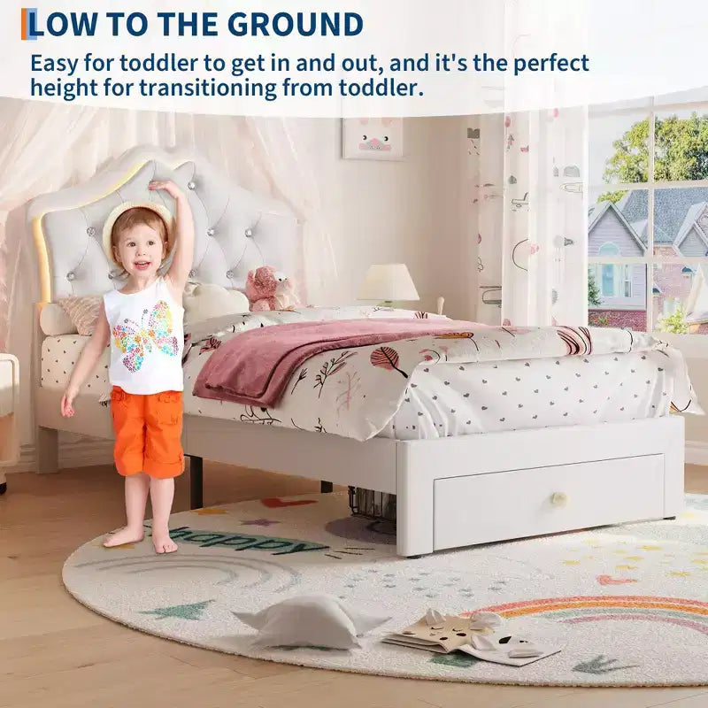 Cadre de lit avec lumières LED et tête de lit en velours avec boutons en cristal, lit rembourré avec tiroir de rangement, sans bruit, pas besoin de sommier tapissier pour enfants, adolescents