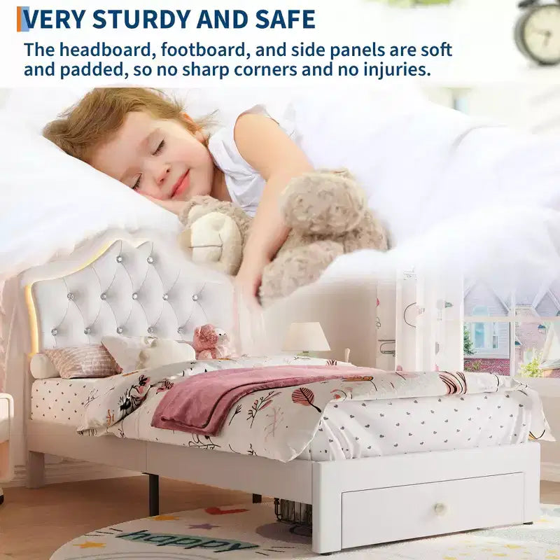 Cadre de lit avec lumières LED et tête de lit en velours avec boutons en cristal, lit rembourré avec tiroir de rangement, sans bruit, pas besoin de sommier tapissier pour enfants, adolescents