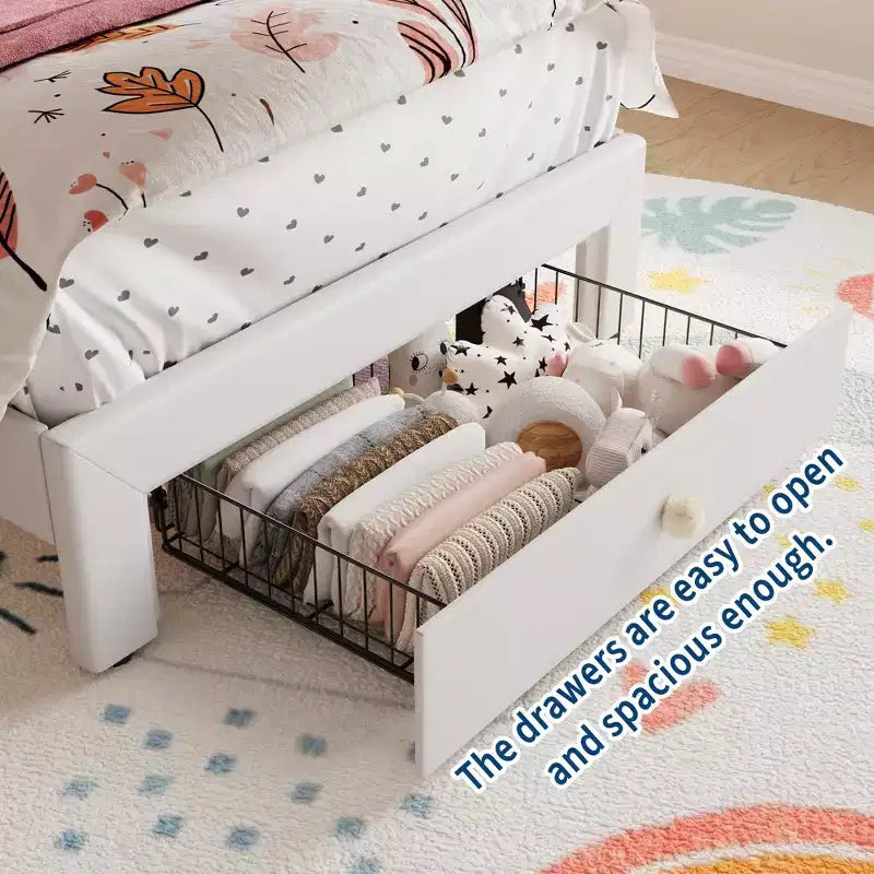 Cadre de lit avec lumières LED et tête de lit en velours avec boutons en cristal, lit rembourré avec tiroir de rangement, sans bruit, pas besoin de sommier tapissier pour enfants, adolescents