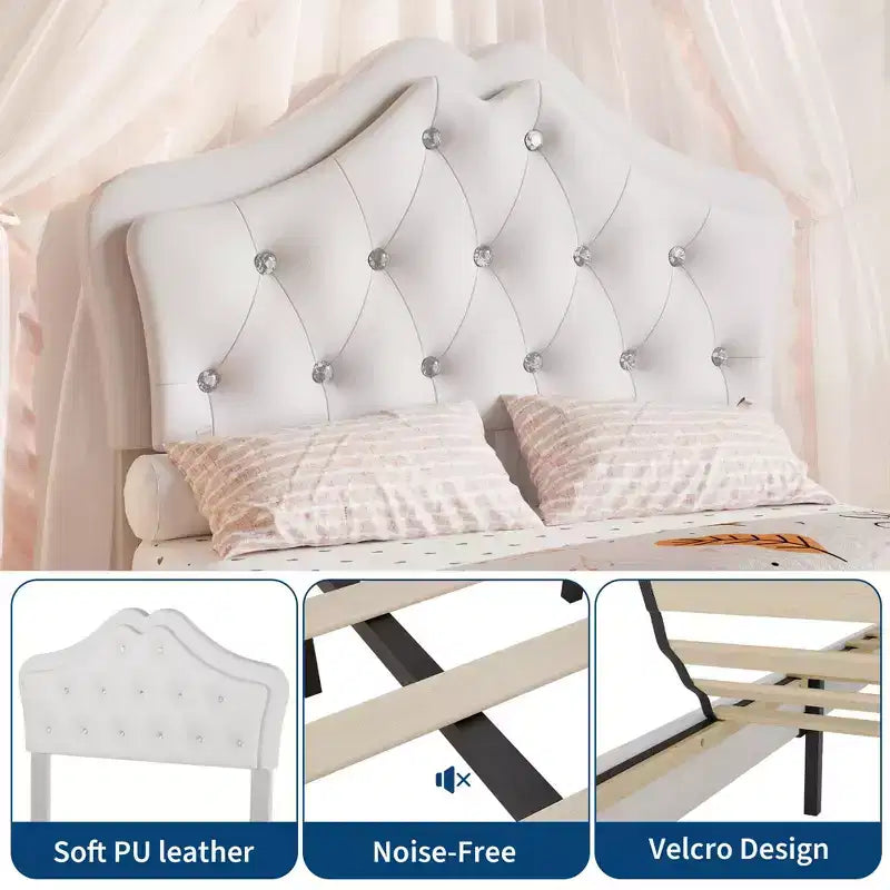 Cadre de lit avec lumières LED et tête de lit en velours avec boutons en cristal, lit rembourré avec tiroir de rangement, sans bruit, pas besoin de sommier tapissier pour enfants, adolescents