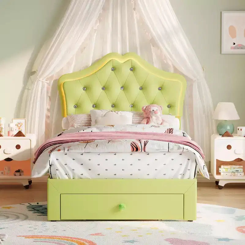 Cadre de lit avec lumières LED et tête de lit en velours avec boutons en cristal, lit rembourré avec tiroir de rangement, sans bruit, pas besoin de sommier tapissier pour enfants, adolescents