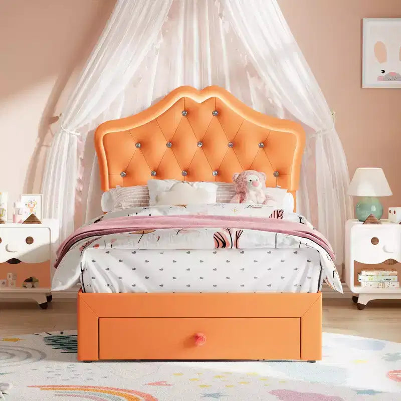 Cadre de lit avec lumières LED et tête de lit en velours avec boutons en cristal, lit rembourré avec tiroir de rangement, sans bruit, pas besoin de sommier tapissier pour enfants, adolescents