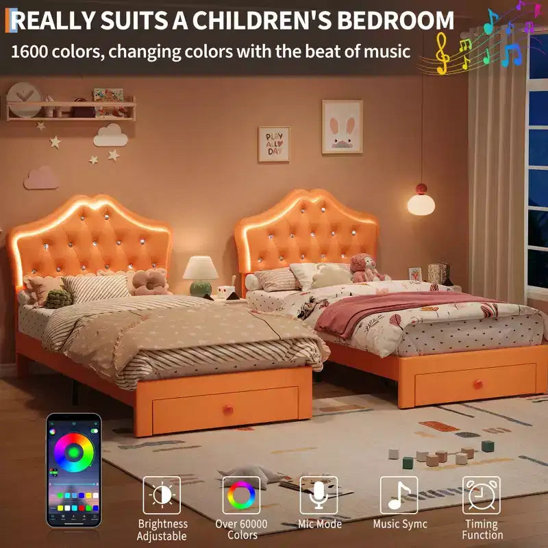 Cadre de lit avec lumières LED et tête de lit en velours avec boutons en cristal, lit rembourré avec tiroir de rangement, sans bruit, pas besoin de sommier tapissier pour enfants, adolescents