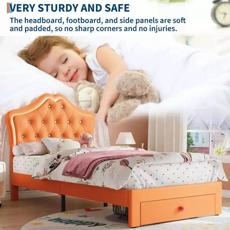 Cadre de lit avec lumières LED et tête de lit en velours avec boutons en cristal, lit rembourré avec tiroir de rangement, sans bruit, pas besoin de sommier tapissier pour enfants, adolescents