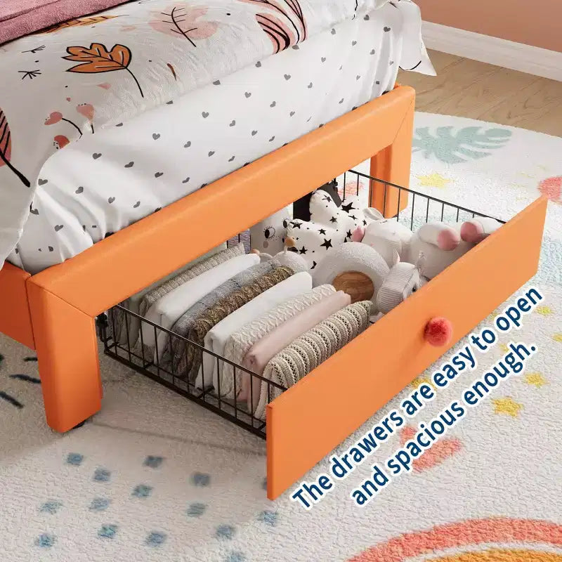 Cadre de lit avec lumières LED et tête de lit en velours avec boutons en cristal, lit rembourré avec tiroir de rangement, sans bruit, pas besoin de sommier tapissier pour enfants, adolescents