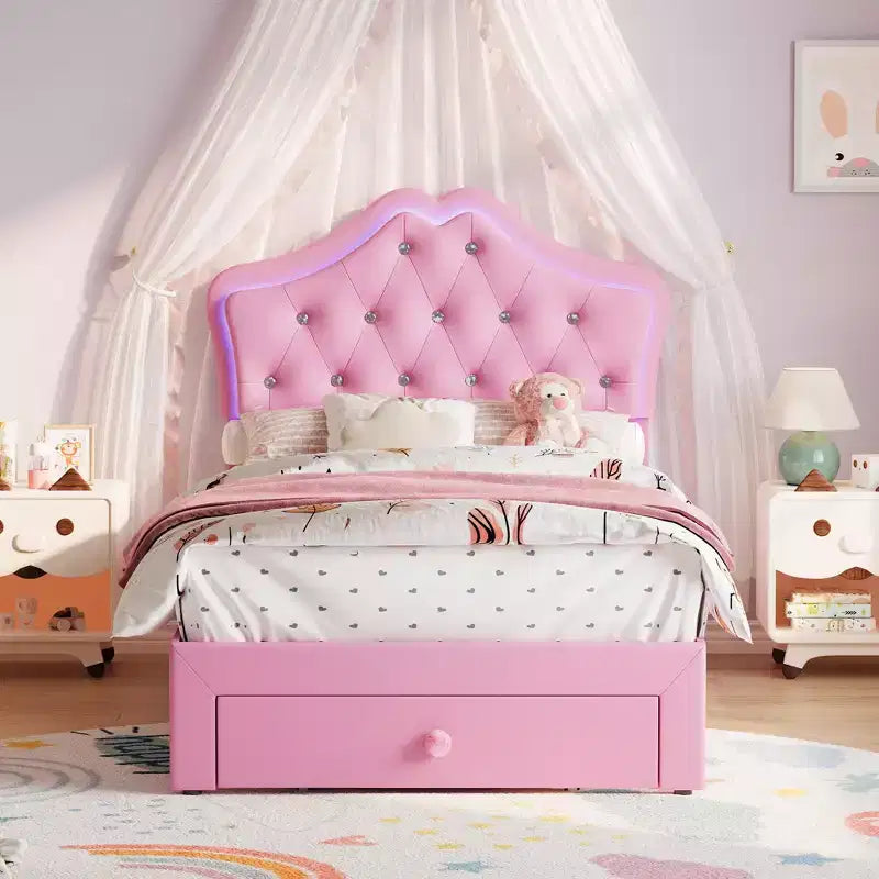 Cadre de lit avec lumières LED et tête de lit en velours avec boutons en cristal, lit rembourré avec tiroir de rangement, sans bruit, pas besoin de sommier tapissier pour enfants, adolescents