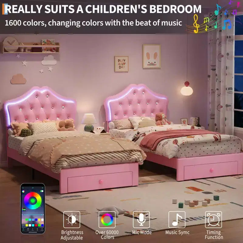 Cadre de lit avec lumières LED et tête de lit en velours avec boutons en cristal, lit rembourré avec tiroir de rangement, sans bruit, pas besoin de sommier tapissier pour enfants, adolescents