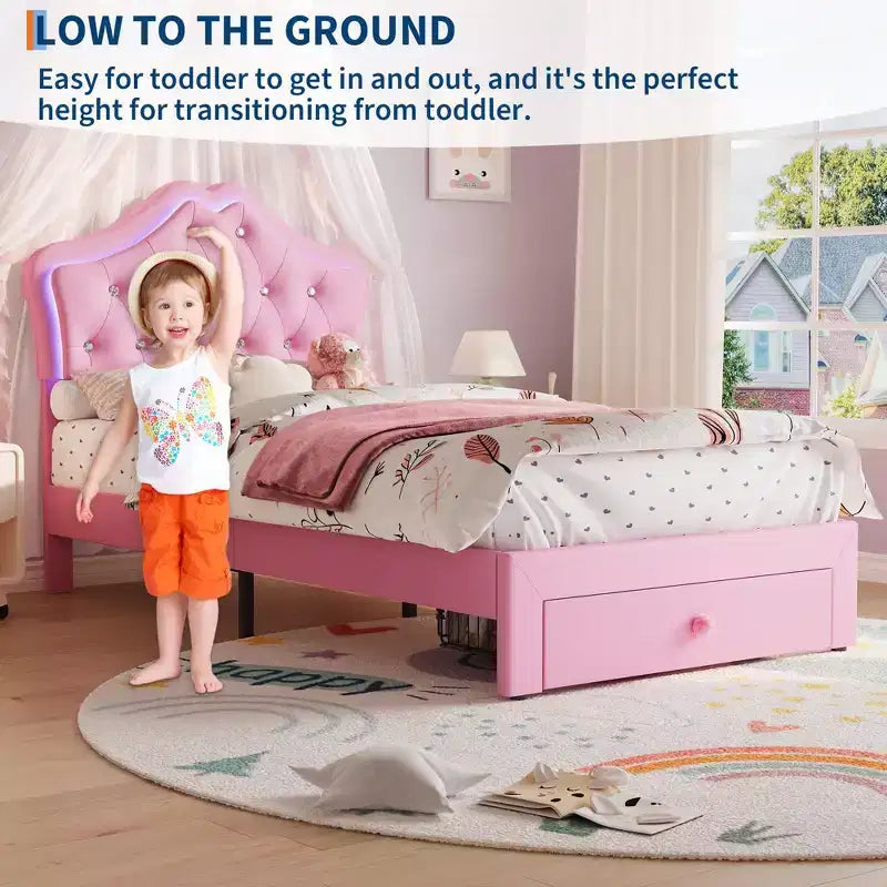Cadre de lit avec lumières LED et tête de lit en velours avec boutons en cristal, lit rembourré avec tiroir de rangement, sans bruit, pas besoin de sommier tapissier pour enfants, adolescents