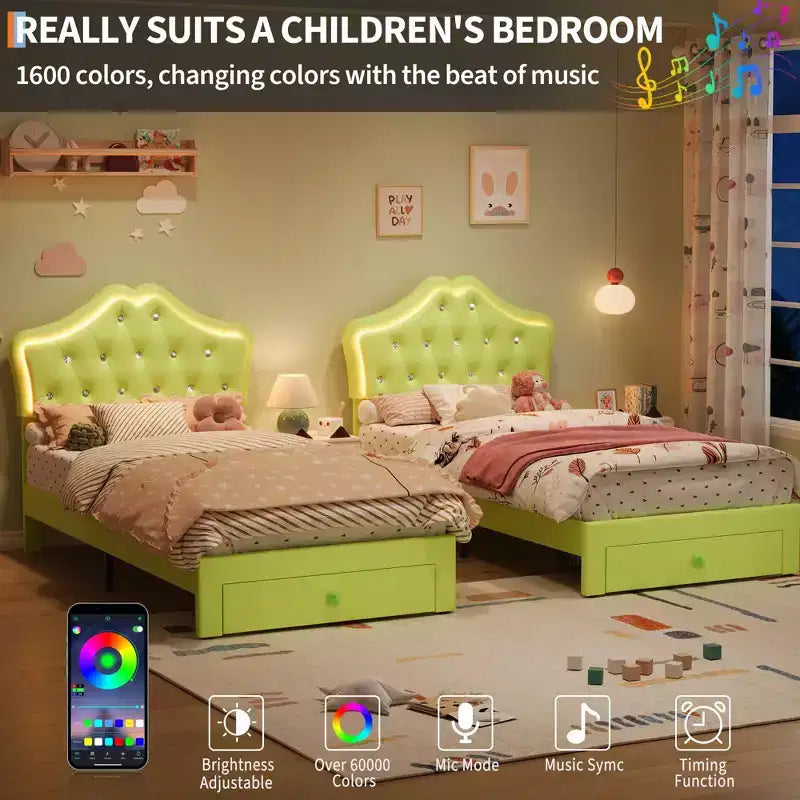 Cadre de lit avec lumières LED et tête de lit en velours avec boutons en cristal, lit rembourré avec tiroir de rangement, sans bruit, pas besoin de sommier tapissier pour enfants, adolescents