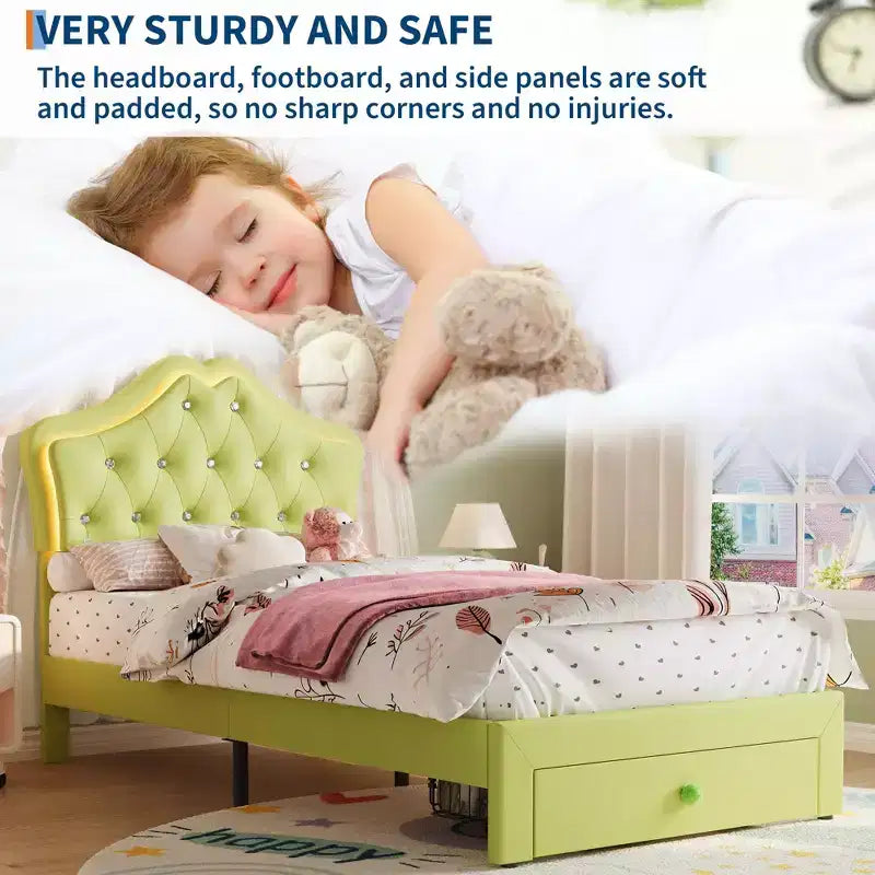 Cadre de lit avec lumières LED et tête de lit en velours avec boutons en cristal, lit rembourré avec tiroir de rangement, sans bruit, pas besoin de sommier tapissier pour enfants, adolescents