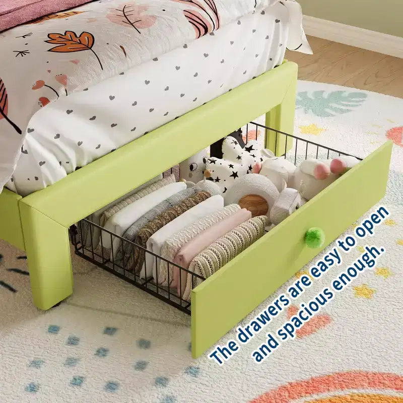 Cadre de lit avec lumières LED et tête de lit en velours avec boutons en cristal, lit rembourré avec tiroir de rangement, sans bruit, pas besoin de sommier tapissier pour enfants, adolescents
