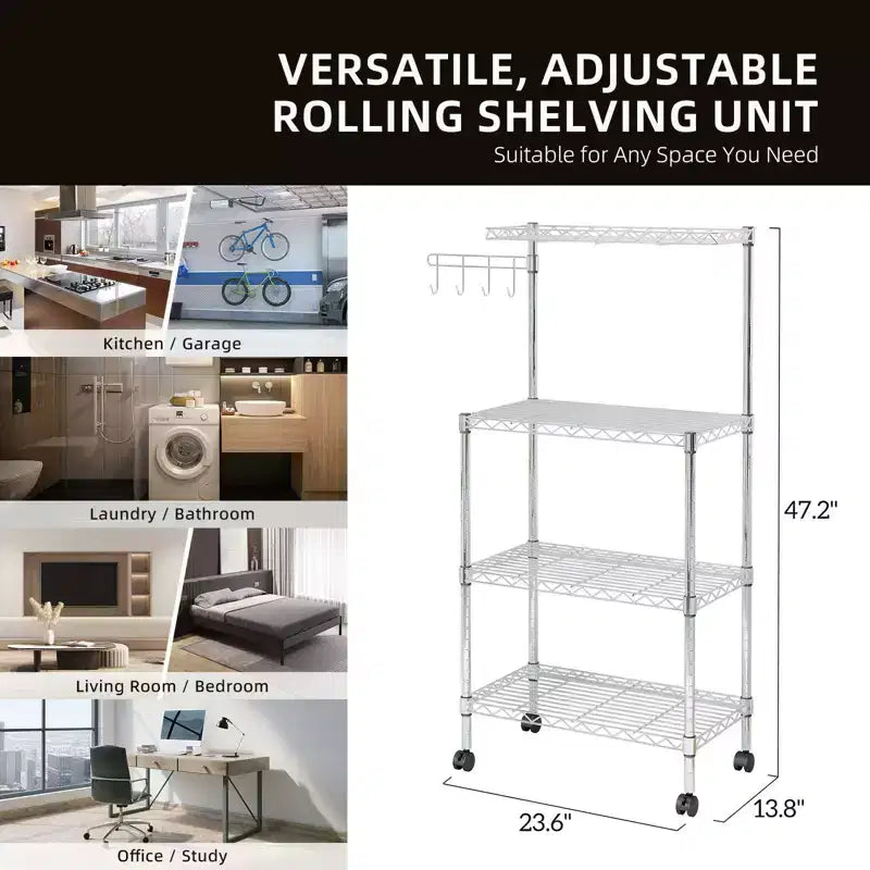Karl Home Chariot de cuisine réglable à 3 niveaux pour micro-ondes, argent poudré