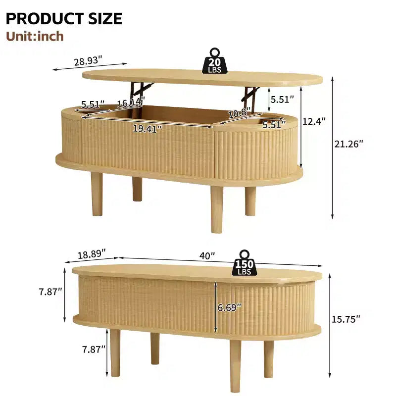 Table basse relevable ovale moderne 40 avec rangement dissimulé, table basse rustique pour salon, table de cocktail relevable peu encombrante-Panipeachy
