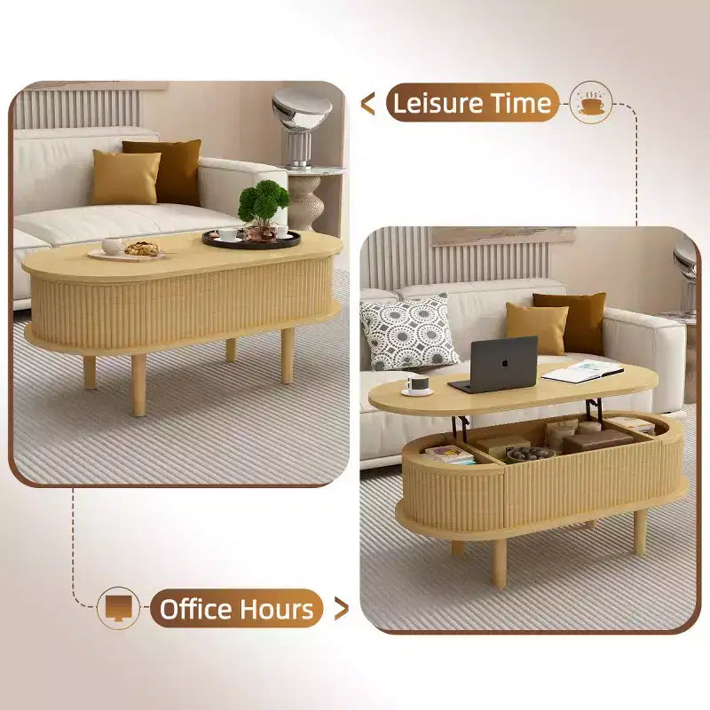Table basse relevable ovale moderne 40 avec rangement dissimulé, table basse rustique pour salon, table de cocktail relevable peu encombrante-Panipeachy