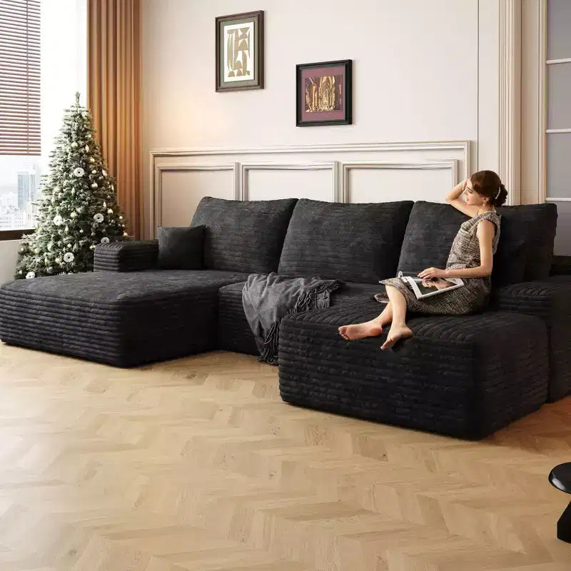 Canapé sectionnel nuage en velours côtelé gris de 107 pouces avec 1 pouf Canapé confortable en forme de U pour salon