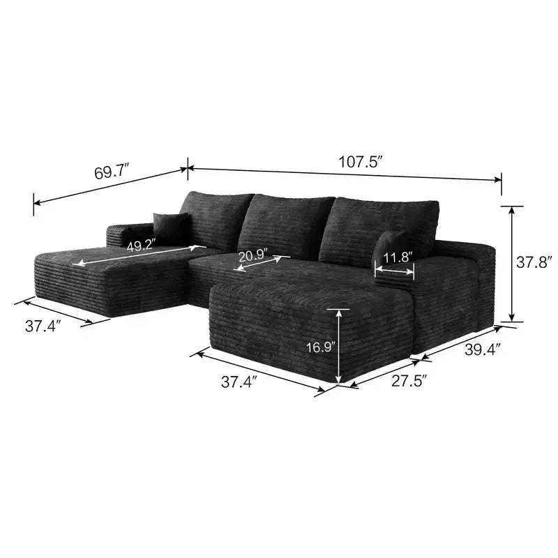 Canapé sectionnel nuage en velours côtelé gris de 107 pouces avec 1 pouf Canapé confortable en forme de U pour salon
