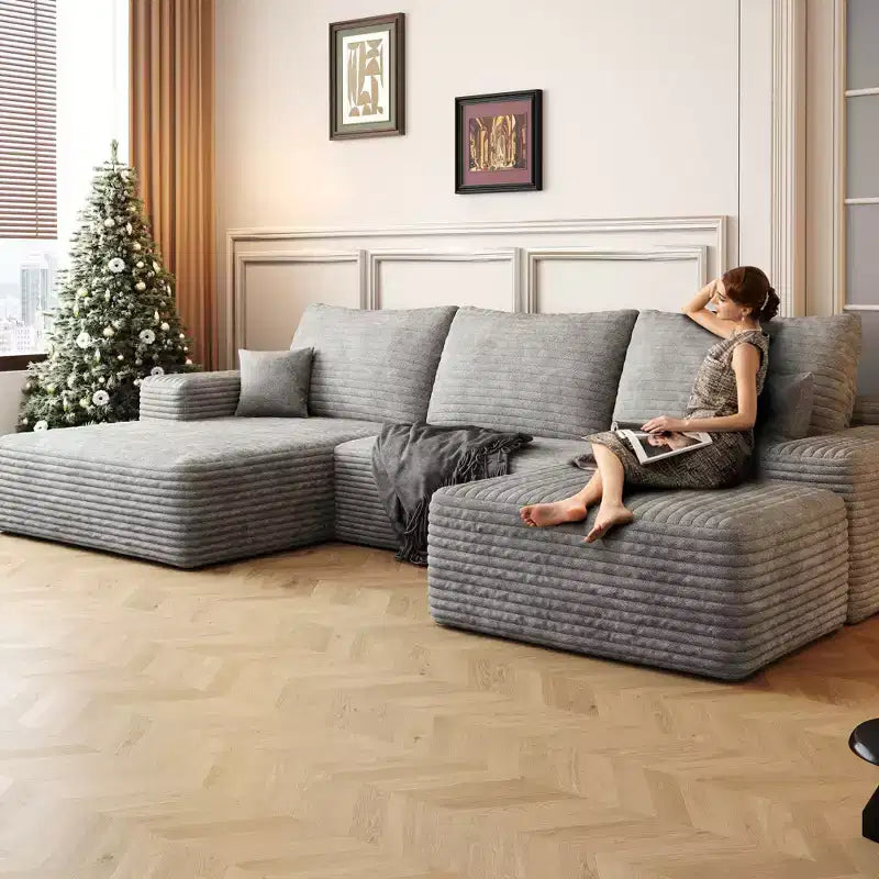 Canapé sectionnel nuage en velours côtelé gris de 107 pouces avec 1 pouf Canapé confortable en forme de U pour salon