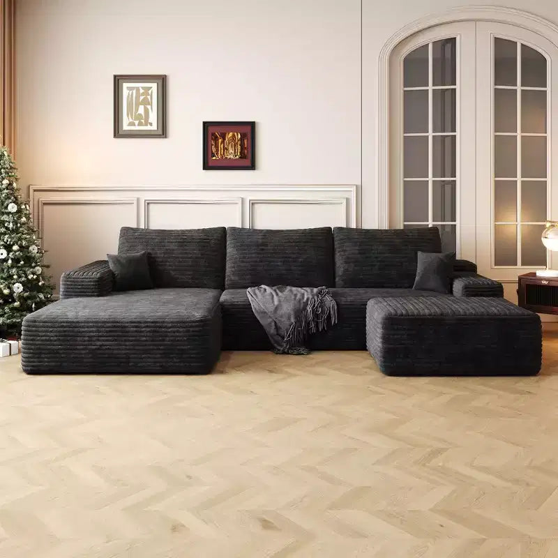 Canapé sectionnel nuage en velours côtelé gris de 107 pouces avec 1 pouf Canapé confortable en forme de U pour salon