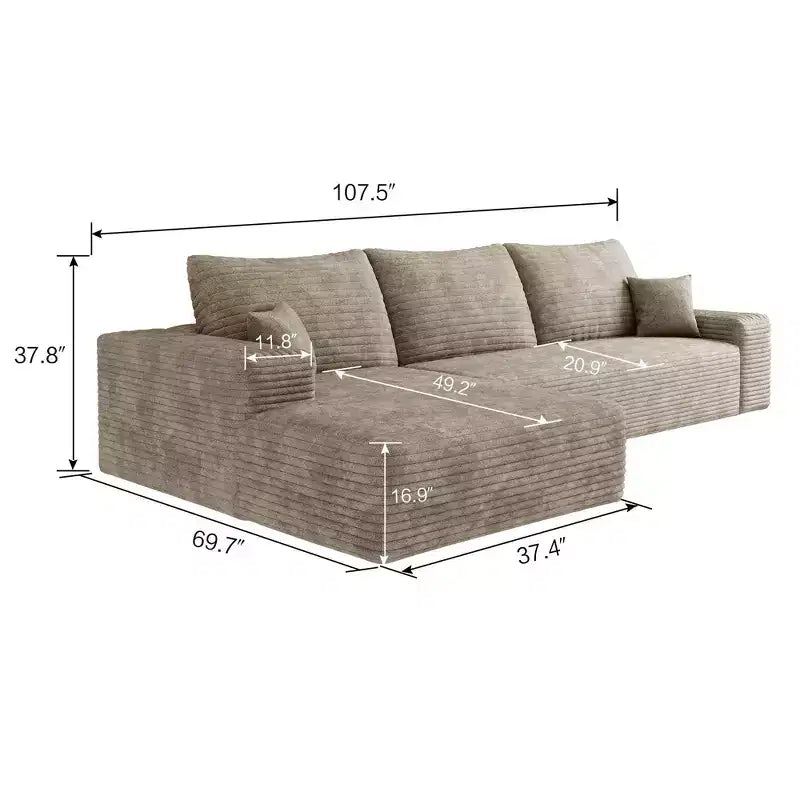 Canapé sectionnel nuage noir en velours côtelé moelleux de 271 cm avec méridienne en L, canapé modulaire moderne avec assise profonde pour salon, appartement